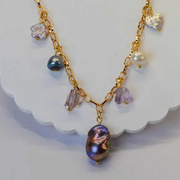 Pearl & Ametrine Charm Necklace - 16.5" to 18.5" - Picture 6 of 8